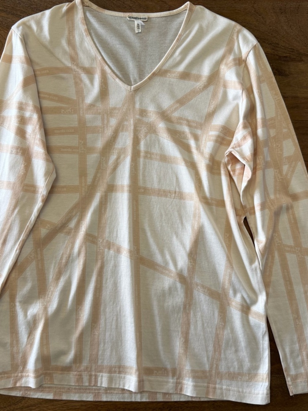 Hermes Cream and Light Peach Long Sleeve V-Neck Top